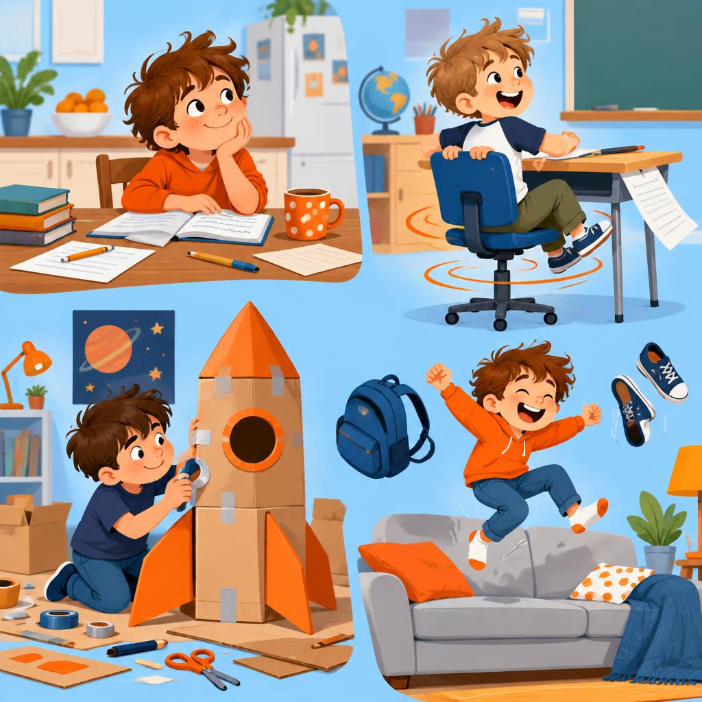Illustrations of boys with ADHD: daydreaming over homework, spinning in a classroom chair, hyperfocused on building a cardboard rocket, and bouncing on the couch